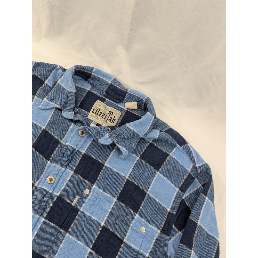 Vintage Levis Silver Tab Button Up Heavy Cotton Plaid Blues Long Sleeve Small
